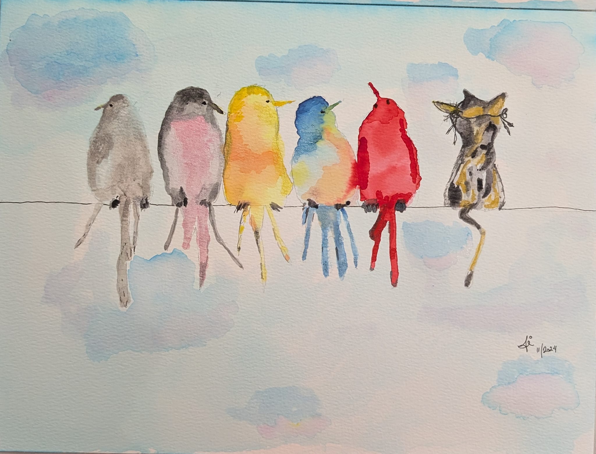Aquarelle de six oiseaux de couleurs différentes posés côte à côte sur un fil, sous un ciel doux.
